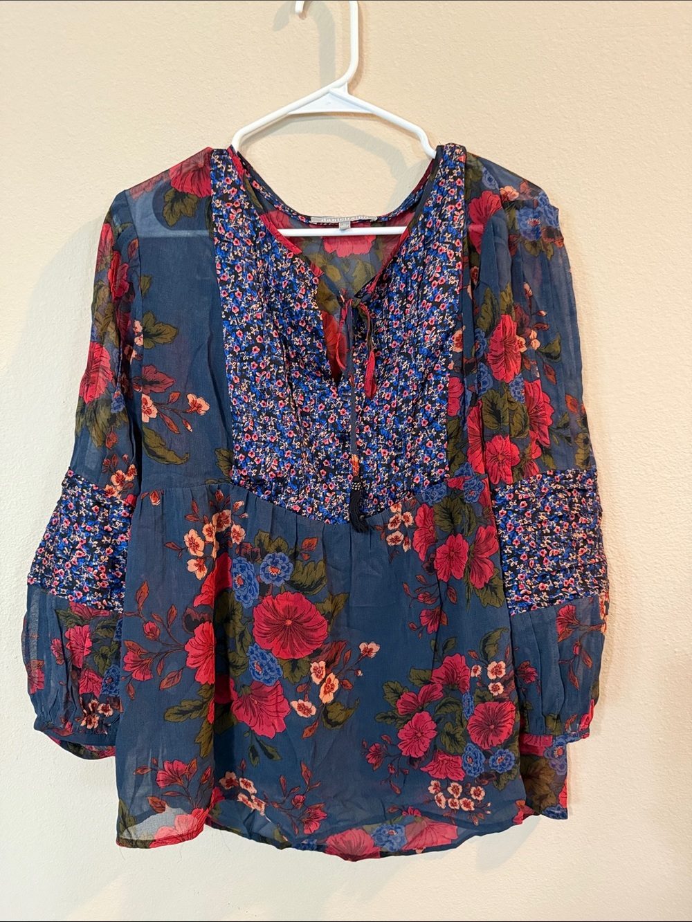 Daniel Rainn Navy Peasant Blouse with Pink Floral Print